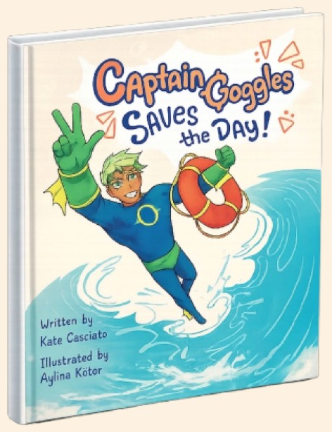 3D book mockup: Captain Goggles Saves the Day! Captain Goggles surfs a wave, peace sign, holding a life ring. Cream cover background. By Kate Casciato; illustrated by Aylina Kötor.