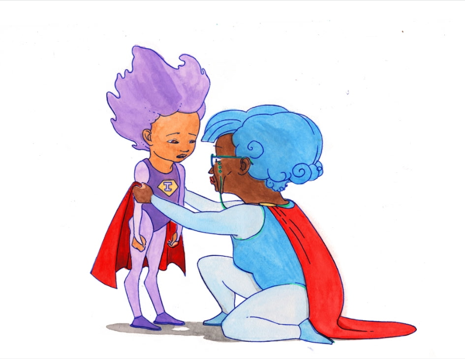 Illustration: young girl Imara in a purple swimsuit with a superhero crest and red cape; her grandmother kneels to comfort her, wearing a blue swimsuit, green glasses, and a red cape.